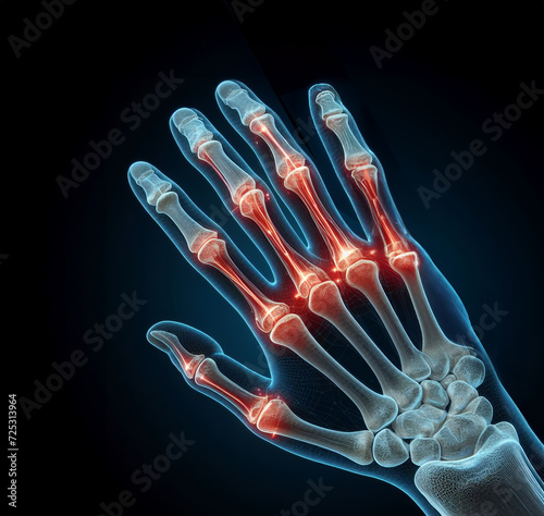 Finger bone 3D illustration. Finger joint pain. Sore hand.