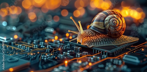 Snail on a motherboard, the concept of slow internet or technological progress. photo