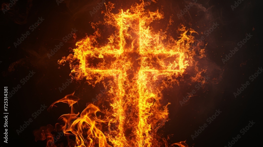 Fototapeta premium Fire in form of cross. Fire flame on black background