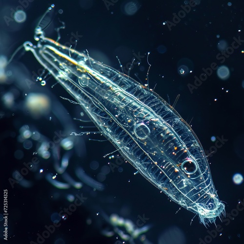 Detailed Macro Shot of a Bdelloid Rotifer Surrounded by Water Particles Illuminated in Dark Background