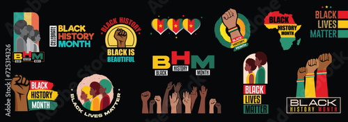 Black History Month Logo, Stickers Design Collection. Black History Month Vector Set Illustration.
