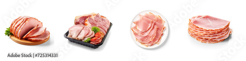 Set of  plastic tray full of different kinds of hams, sliced, ready to eat, on transparency background PNG