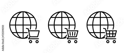 Shopping cart icon vector set. Shopping basket with globe symbol