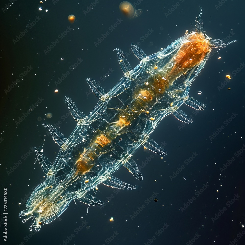 Detailed Microscopic View of Bdelloid Rotifer Surrounded by Floating Particles Against Dark Background Detailed Microscopic View of Bdelloid Rotifer Surrounded by Floating Particles Against Dark Background