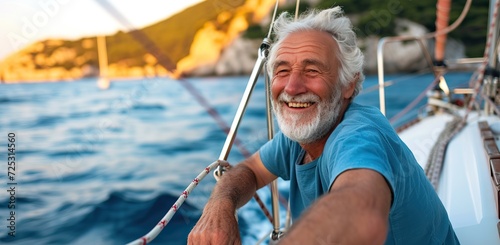 Elderly Caucasian man smiling on a yacht. The concept of freedom and adventure.