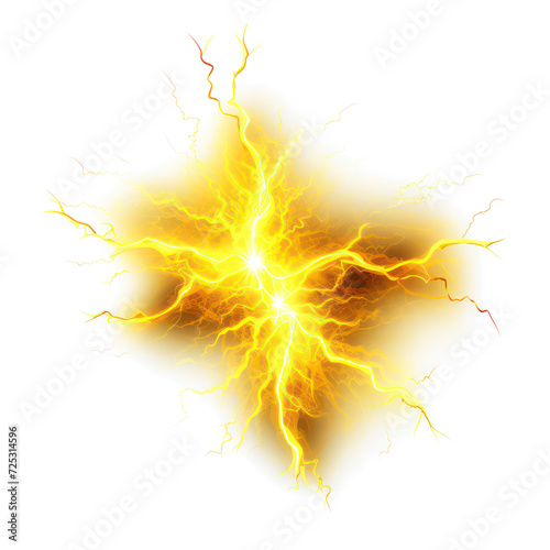 Hot yellow lightning, abstract electrical plasma on transparent png.