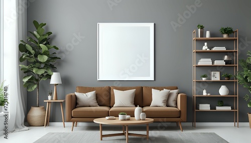 Blank horizontal poster frame mock up in scandinavian style living room interior, modern living room interior background, beige sofa and pampas grass, 3d rendering