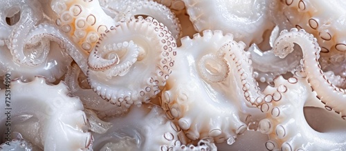 Closeup texture of raw frozen seafood, such as octopus, squid, calamari, or cuttlefish.