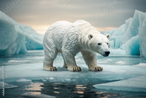 Portrait of big male polar bear standing on frozen arctic sea. AI generated