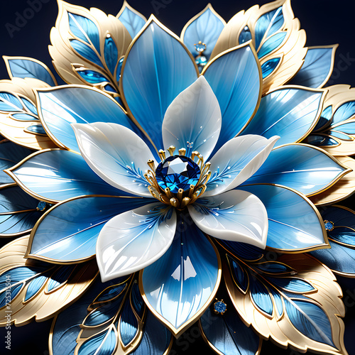 AI prompt: 4K+ graphic of an intricate ragrass flower with mother-of-pearl, gemstones, and gold, capturing a captivating and enchanting atmosphere.(Generative AI)