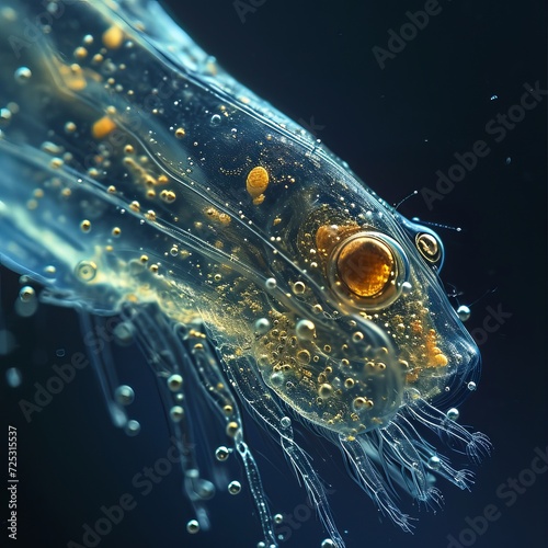 Detailed Close-Up of Bdelloid Rotifer Surrounded by Bubbles Against Dark Background