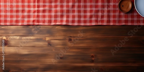 View from top of empty table with wooden tablecloth. Free space for text.