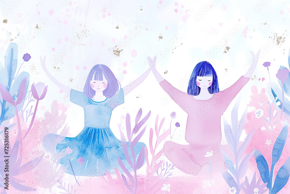 Obraz premium Happy Yoga Girl Illustration - Artistic Representation of Joyful and Peaceful Yoga Practice, Perfect for Wellness and Fitness Themes, Generated AI