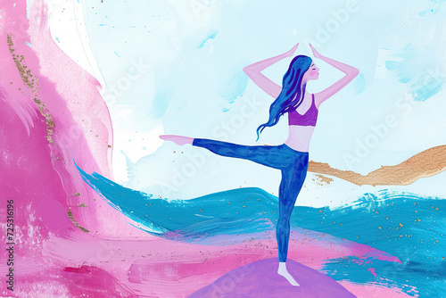 Happy Yoga Girl Illustration - Artistic Representation of Joyful and Peaceful Yoga Practice, Perfect for Wellness and Fitness Themes, Generated AI