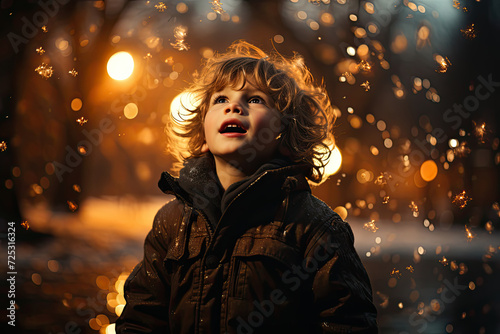 Luminescence at Dusk: A Young Boy Ponders Beneath a Street Lights Glow