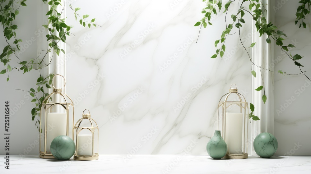 Lanterns with burning candles and green leaves on white marble background Lanterns with burning candles and green leaves on white marble background