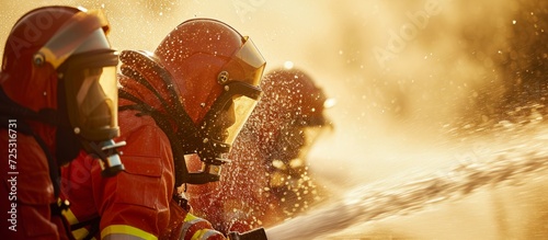 In an emergency, firefighters, dressed in protective gear, use water and extinguishers to fight fire.