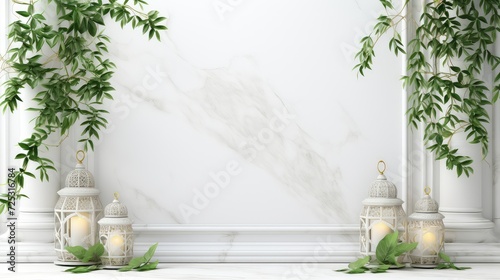 Lanterns with burning candles and green leaves on white marble background