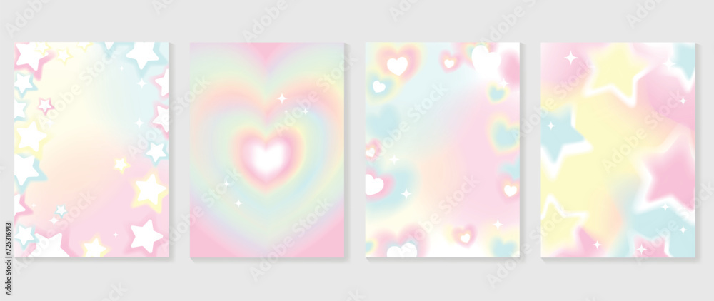 Abstract gradient Y2K style template cover vector set. Happy Valentine's Day decorate with trendy gradient heart, star, pastel y2k background. Design for greeting card, fashion, commercial, banner.