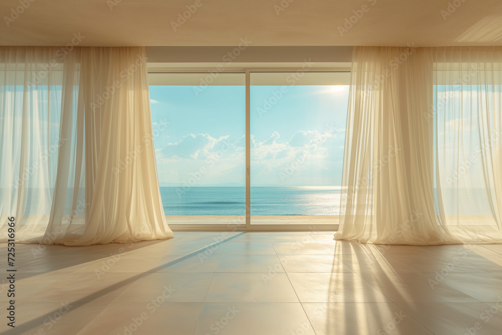 Obraz premium Empty room in luxury summer beach house with sea view behind curtains - Generative AI