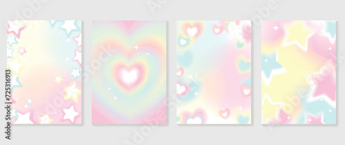 Abstract gradient Y2K style template cover vector set. Happy Valentine's Day decorate with trendy gradient heart, star, pastel y2k background. Design for greeting card, fashion, commercial, banner.