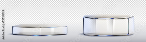 3D pentagon and hexagon glass platforms set isolated on transparent background. Vector realistic illustration of plastic podium for exhibition, product presentation stand, stage mockup, glossy box
