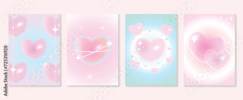 Abstract gradient Y2K style template cover vector set. Happy Valentine's Day decorate with trendy gradient heart pastel y2k colorful background. Design for greeting card, fashion, commercial, banner.