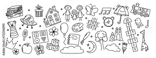 Set of daycare doodle. Book, hopscotch, toys, flower, umbrella, house, clock and other elements. photo