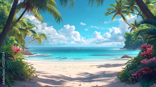 Coconut trees on Tropical beach during a sunny day, palm trees. summertime, coastline sandy beach view. copy space, mockup.