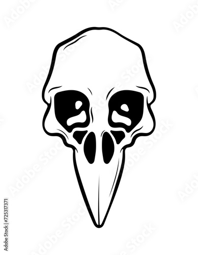 Mystical vector illustration. Crow skull on a white background. Hand drawn bird skull, line sketch. Gothic style. Freehand drawing in Boho style. Witchcraft, magical voodoo attribute for Halloween.