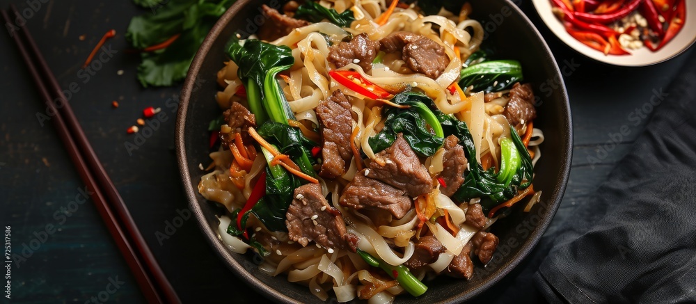 Beef and baby bok choy stir-fried with rice noodles. - obrazy, fototapety, plakaty 