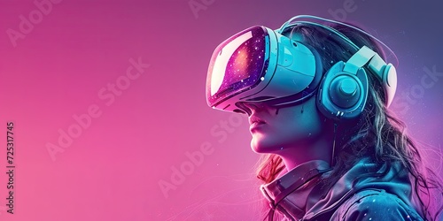 Futuristic virtual reality experience with young woman immersed in digital innovation wearing VR headset and glasses. Modern entertainment technology blends with neon light and cyberspace concept