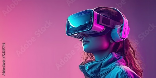 Futuristic virtual reality experience with young woman immersed in digital innovation wearing VR headset and glasses. Modern entertainment technology blends with neon light and cyberspace concept photo