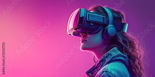 Futuristic virtual reality experience with young woman immersed in digital innovation wearing VR headset and glasses. Modern entertainment technology blends with neon light and cyberspace concept