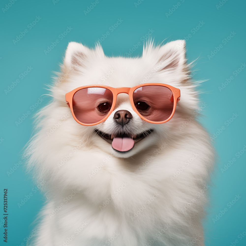 white Pomeranian wearing sunglasses are looking straight ahead and smiling. AI drawing.