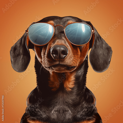 Dachshund wearing sunglasses are looking straight ahead. AI drawing. © Yoonsung
