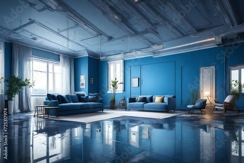 Blue living room interior during renovation,-