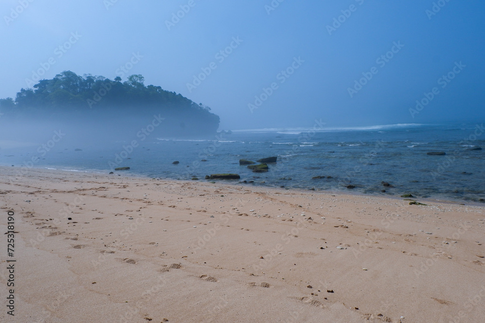 the landscape of the bright coastline is shrouded in a little mist
