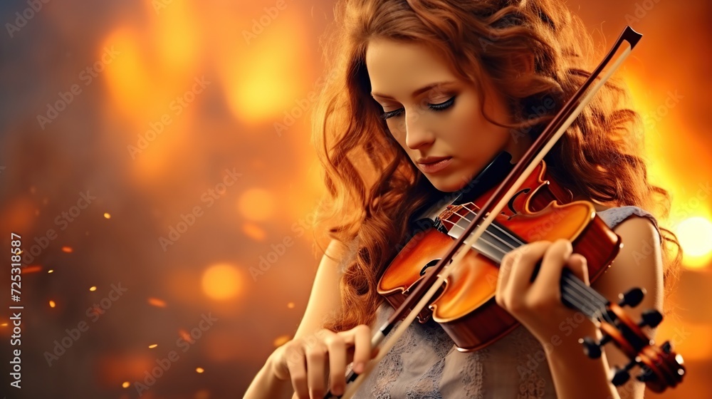 Beautiful young woman is enjoying playing violin