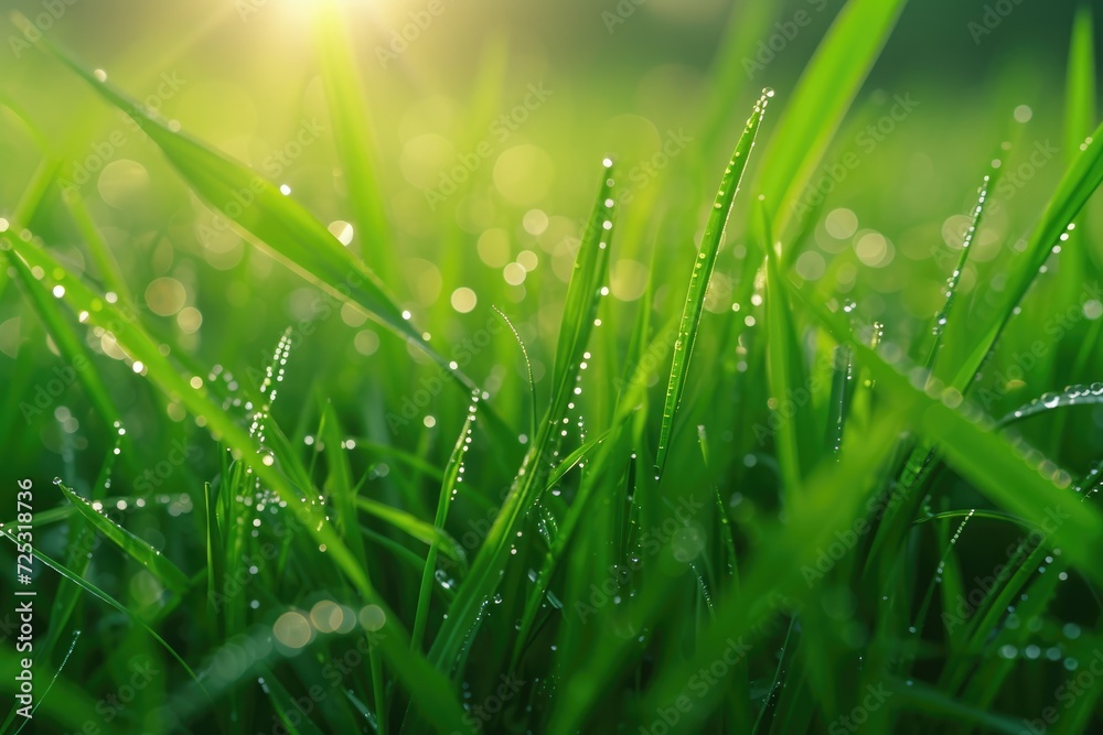 Fototapeta premium Juicy lush green grass on meadow with drops of water dew in morning