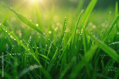 Juicy lush green grass on meadow with drops of water dew in morning