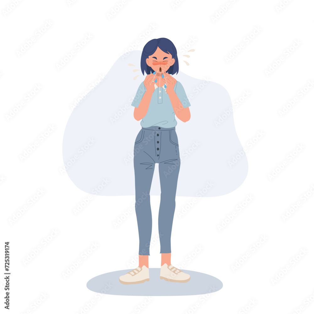 healthcare and illness concept. woman sneezing without protection healthcare and illness concept. woman sneezing without protection