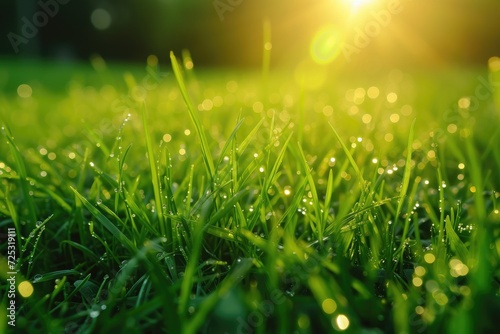 Juicy lush green grass on meadow with drops of water dew in morning