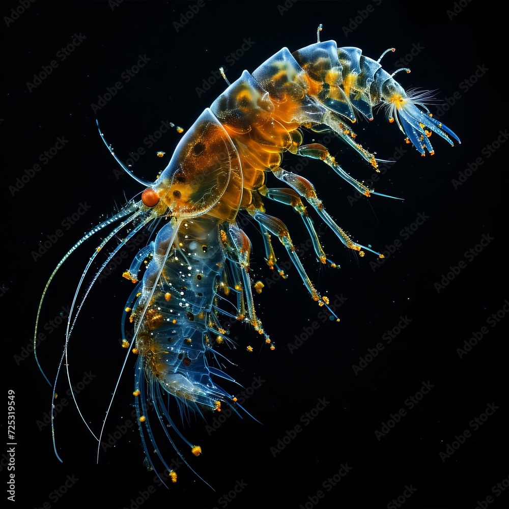 Detailed Close-Up of a Bioluminescent Capepod Shrimp Glowing Against a Dark Background