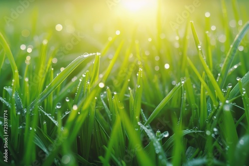 Juicy lush green grass on meadow with drops of water dew in morning
