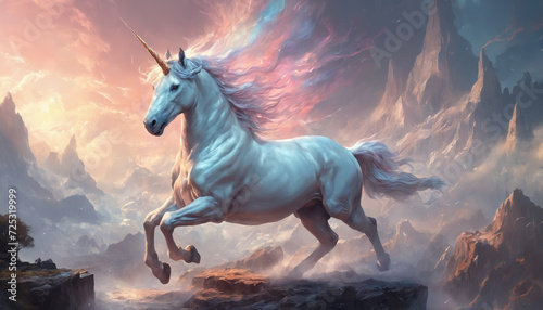 Fantasy Illustration of a wild unicorn Horse. Digital art style wallpaper background in pastel colors. © Roman