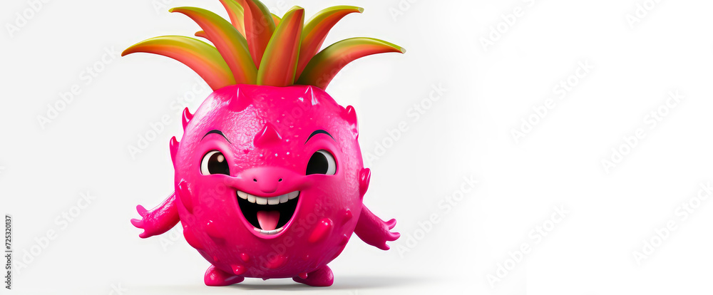 Pitahaya with a cheerful face 3D on a white background.