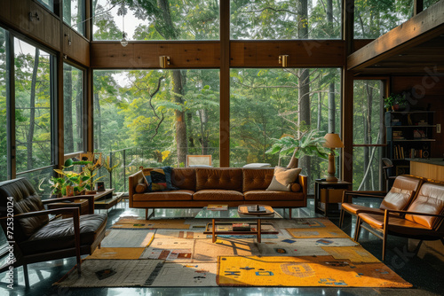 Step into a serene mid-century modern living space  where contemporary decor meets lush forest surroundings for a tranquil  nature-inspired ambiance.