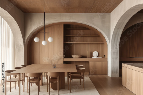 The essence of minimalist interior design in this modern dining room  featuring abstract wood paneling and arched wall details for a sophisticated look.