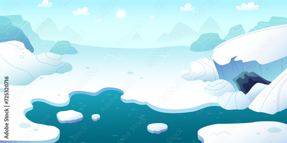 Cartoon arctic horizontal landscape. Northern stylized vector background panorama. Polar day empty background.